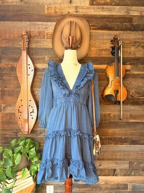 Blue Ruffle V-Neck Mini Dress